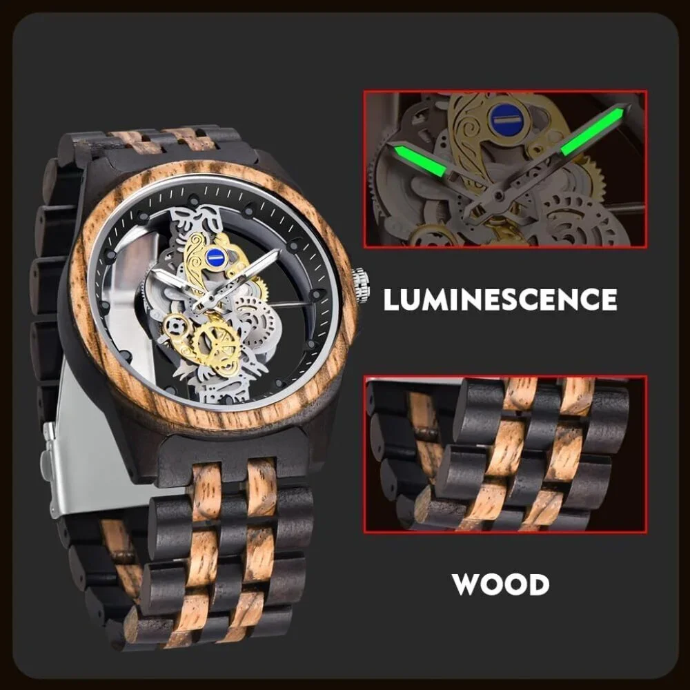 Men's Black Brown Wooden Lightweight Deployment Closure Analog Quartz Watches